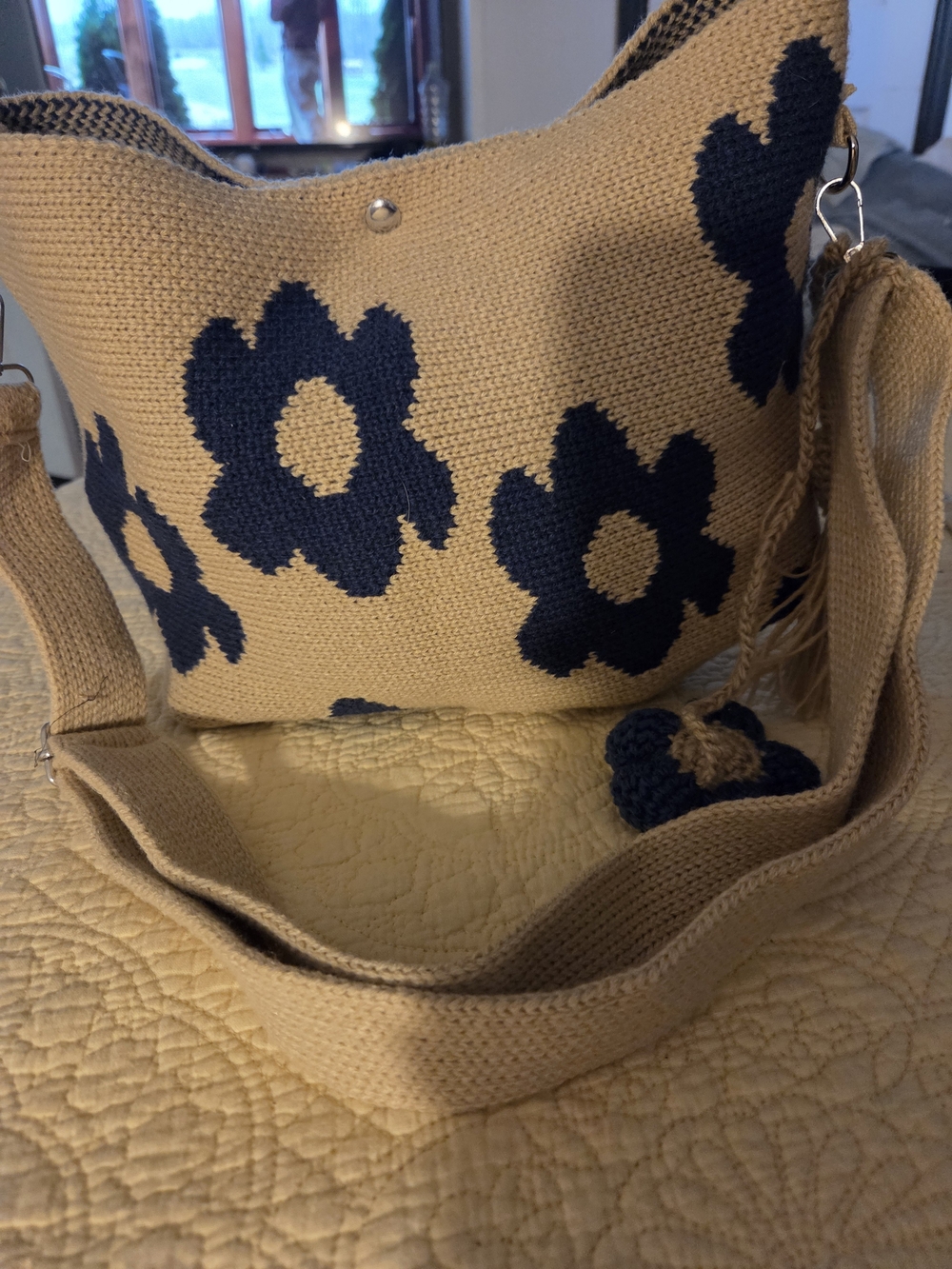 Tan Woven Shoulder Bag with Navy Floral Accent